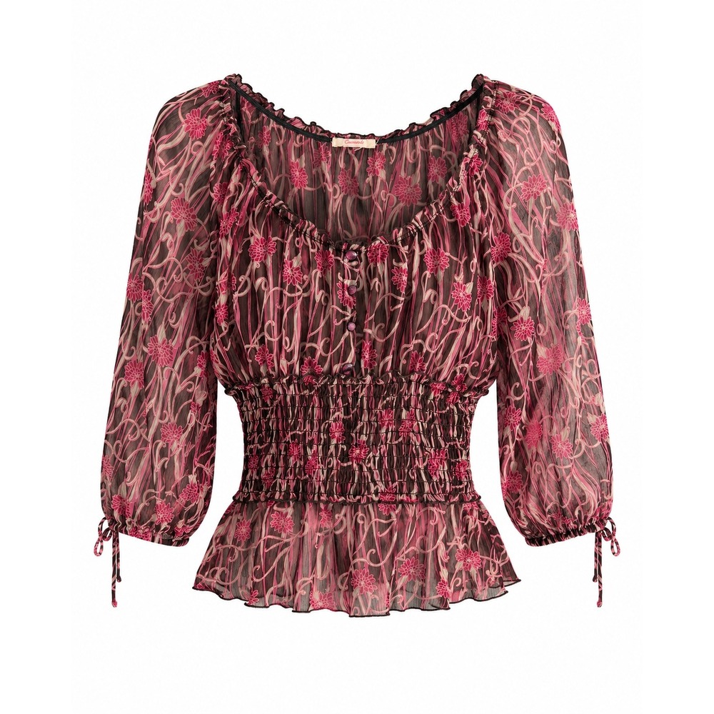 VTG Y2K Candie's Womens S Sheer Babydoll Top Brown Pink Floral Fairycore
